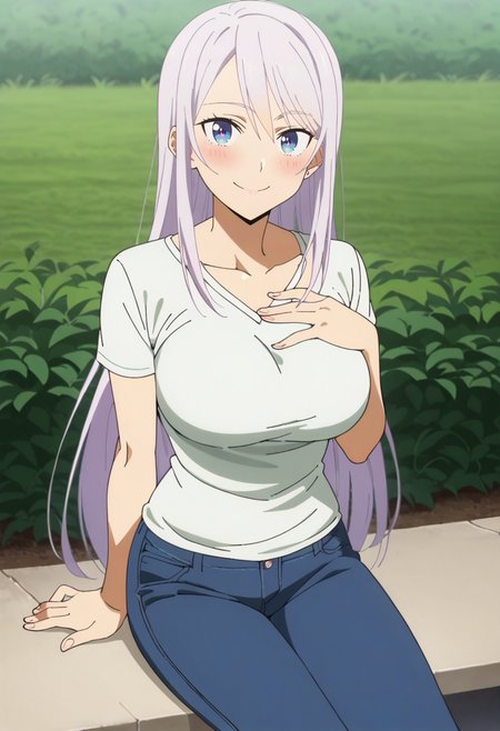 score_9, score_7_up, hd, (ultra hd quality details), source_anime, outdoors,
solo, 1girl, fdreona, very long hair, large breasts, anime screencap, 
white shirt, t-shirt, short sleeves, collarbone, pants, denim, jeans,
looking at viewer, blush, smile,
sitting, hand on own chest, 
<lora:_kisaragi_reona-elesico-pony-05:1>