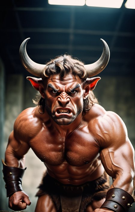 cinematic film still the Minotaur stares at the viewer,angry,nostrils flaring,muscles tensed,ready to attack,, style by Dan Winters,RAW photography,film grain,(indistinguishable from reality:1.4),photo taken with a Bolex H16 . shallow depth of field, vignette, highly detailed, high budget, bokeh, cinemascope, moody, epic, gorgeous, film grain, grainy