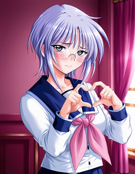 masterpiece, best quality, amazing quality, very aesthetic, absurdres, official art, ultra detailed,
1girl, solo, hikawa_aya(shinai), short hair, purple hair, purple eyes, glasses,  BREAK
school uniform, serafuku, skirt, pink neckerchief, 
blush, looking at viewer, 
standing, heart hands, 
in room, upper body, deep contrast of light and dark, sharp focus, depth of field, highly detailed
<lora:Hikawa_aya(shinai) v1.00-000015:1>