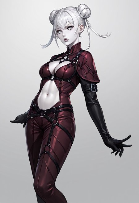 score_9, score_8_up, score_7_up, score_6_up, score_5_up, score_4_up, source_anime, solo, 1girl, 
twin-buns, white hair, gray eyes, black outfit, pale skin, navel cutout, high boots, lips, curvy, twin-buns, white hair, gray eyes, black and maroon outfit, pale skin, midriff, navel, lips, black gloves, cleavage, black sleeves, harness, 
masterpiece, best quality, very aesthetic, absurdres,