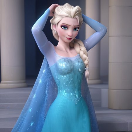 score_9, score_8_up, score_7_up, score_6_up, score_5_up, score_4_up, 3d,  <lora:Elsa_Frozen:0.8>,  elsa33, 1girl, long hair, blue eyes, blonde hair, dress, cape, makeup, single braid, hair over shoulder, BREAK arms up, armpits