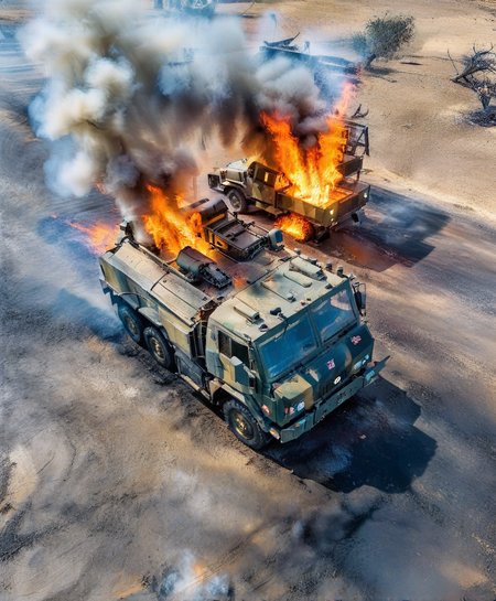 vertical perspective aerial photography,highres,dynamic blur,broken military trucks,smoke,fire,