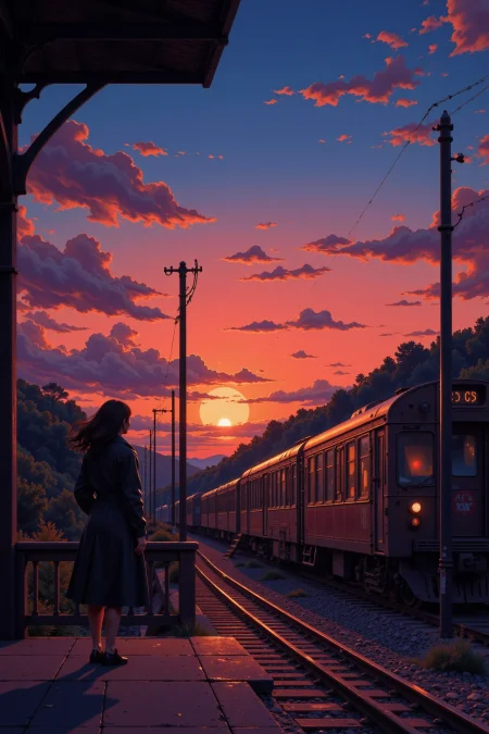 A woman waiting for a train at the station beautiful  landscape, sunset, woman, very intricate, very detailed, sharp, bright, colorful, <lora:Hand v2:0.5> <lora:Anti-Blur:1><lora:Insane Detail Slider:0.25>  <lora:flux.1_lora_flyway_Epic-detail_v2:0.3> <lora:fluxenhancer:0.25>   <lora:anime_retro:1> anime_martz, anime_retro