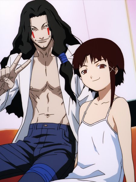score_9, source_anime, masterpiece, best quality, white background, <lora:Masami Eiri_PDXLv0.5:0.8> 1boy, masami eiri \(sel\), long black hair, looking at viewer, smile, ((pace sing:1.5, v:1.2)), sitting next to other, ADDCOL smug, iwakura_lain_\(sel\), 1girl, white camisole, bare shoulders,