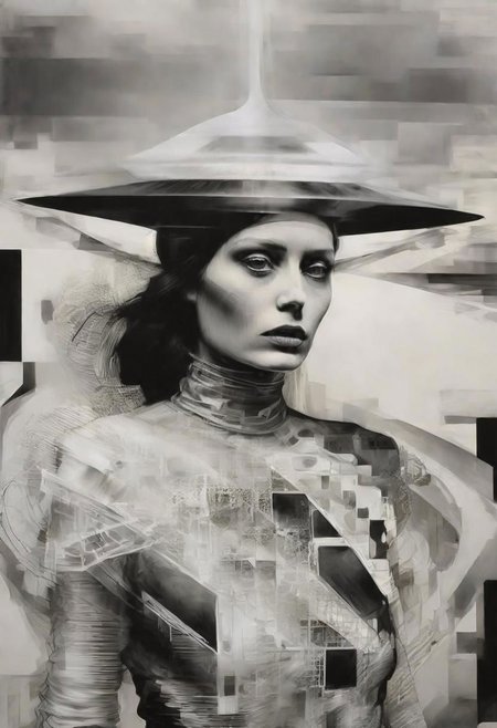 Monochrome black and white, Giger, Beksinski, Zawadzky, Dali, Magritte, Delvaux, Bellmer, Malevitch, Rodchenko, Mondrian, Kandinsky, Popovna, psychedelic hallucination, pop surrealism, rough crosshatch drawing pop art Lunatic_Portrait of a young woman in latex Avant-garde Fashion page, slick back, low bun, black makeup, sinister expression, intense glare, avant-garde, abstract, weird, geometric, constructivism, suprematism, rayonism, verticism, lineism, tj