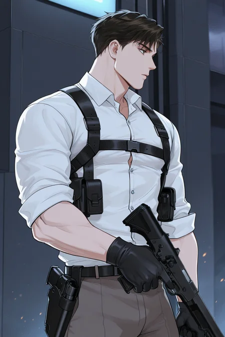 <lora:STS-IL:0.9>,buchonghua,brown hair,brown eyes,short hair,white shirt,chest harness,looking to the side,holding gun,black gloves,1boy,solo,bara,male focus,very awa,masterpiece,best quality,amazing quality,nsfw,uncersored,highres,best quality,amazing quality,best aesthetic,absurdres,