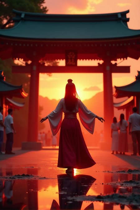 A Japanese Shinto shrine maiden performs a prayer dance in front of a shrine illuminated by the sunset.
FHD, Rich in details, masterpiece.âââ