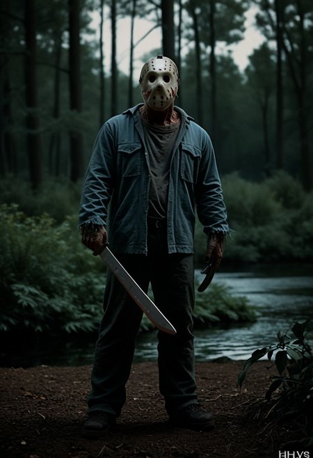 <lora:VHS_Pony:2.6> vhs footage of 1boy, monster, mask, no eyes, bald, holding machete in one hand, campground background, in woods, lake, trees, bushes, canoes, night, jumpsuit, muscular, full body,
 blurry, chromatic aberration, glitch, noisy, distorted, full body <lora:jason_voorhees_v0.5-pony:1.2> <lora:dark:0.7> dark