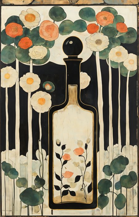 masterpiece,best quality,<lora:tbh269-sdxl:0.9>,illustration,style of Koloman Moser, A bottle of perfume in garden