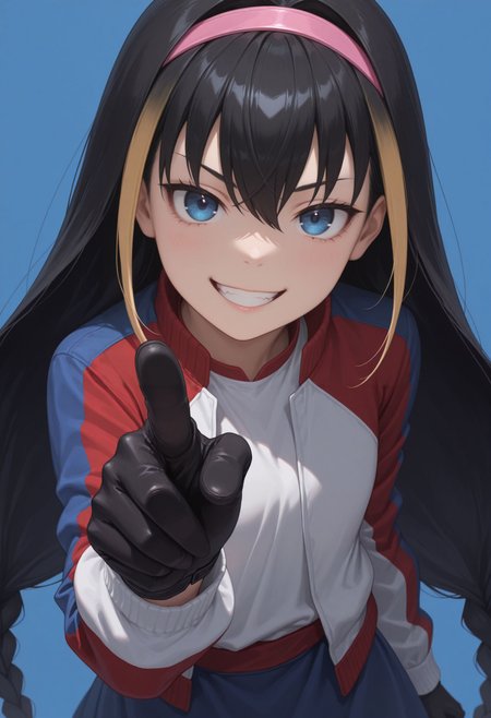 masterpiece,best quality,absurdres,highres,very aesthetic,high quality,detailed,insanely detailed,beautiful, solo, 1girl
solo, looking at viewer, portrait,  upper body,
smile, grin, pointing at viewer, , open mouth, looking at viewer, smile, hair between eyes,, blue background,, upper body
 <lora:Lessar illu:1> 1girl, black hair, multicolored hair, two-tone hair, long hair, twin braids, braid, pink hairband, blue eyes, jacket, multicolored clothes, striped clothes, black gloves, blue skirt, stripe