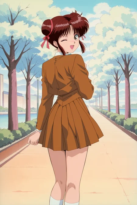 anime screencap, anime coloring, detailed face, masterpiece, best quality, very aesthetic, absurdres, volumetric lighting, official style, amazing quality, ultra detailed,  highres, amazing quality, scenery, beautiful detailed hair, beautiful detailed eyes, detailed fingers,
 <lora:Miaka_Yuuki_Fushigi_Yuugi_-_Illustrious_V2_with_Tamahome:1>
retro artstyle, 1990s (style),
Miaka Yuuki, 1girl, solo, brown hair, brown eyes, double bun, brown pleated skirt, brown jacket, hair bun, socks, one eye closed, looking back at the viewer, cowboy shot,
outdoors, trees