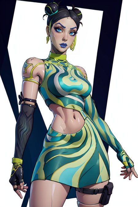 masterpiece,best quality,face detail,extreme detail,8k,white background,<lora:tsuki:0.7>,designertsuki,1girl,solo,breasts,looking at viewer,blue eyes,skirt,black hair,gloves,jewelry,earrings,elbow gloves,fingerless gloves,hair bun,crop top,double bun,makeup,eyeshadow,joints,open hand,android,cowboy_shot,wide hips,green,