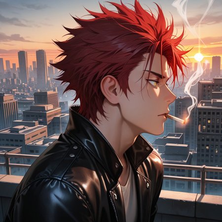 masterpiece, best quality, amazing quality, absurdres, newest, detailed background, definition so sharp, Ultra-HD, 8K cinematic, very awa, impressionate, amazing quality, highres, 
solo, male focus, manly, 
1boy, spiked hair, short hair, mikoto_red hair, mikoto_yellow eyes, mikotosuoh, profile, looking away, thoughtful expression,casual wear, leather jacket, rooftop, city skyline, sunset, wind, cigarette, smoke, deep in thought, powerful aura, silent threat