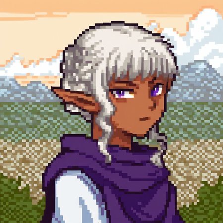 score_9, score_8_up, score_7_up, source_anime BREAK 
, solo, fegbaportraits, portrait, white dungeon meshi,background, portrait,pixel,pixel art,
BREAK 
thistle, thistle original outfit, 1boy, holding, standing, purple eyes, braid, male focus, sidelocks, pointy ears, pants, dark skin, brown footwear, elf, cloak, androgynous, white pants, notched ear
BREAK 
Landscape, Chinese building, orange sky, clouds,