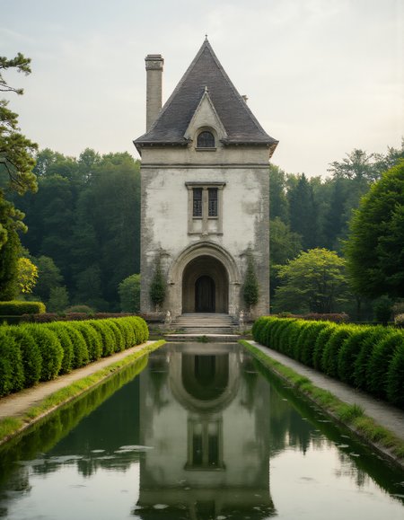 A tranquil scene of a tall, narrow tower with light gray stone walls and a steep, shingled roof. The structure has symmetrical windows, including an oval-shaped window near the top and traditional shutters framing a lower window. At the base of the tower is a large arched doorway that opens up to reveal a distant landscape. The building is perfectly reflected in a long, still pond that stretches in front of it, flanked by lush, manicured green hedges on both sides. The symmetry of the scene is emphasized by the clean, geometric lines of the hedges and the waterâs mirror-like surface. The background is filled with dense trees, adding a sense of peaceful isolation. The atmosphere is serene and calm, with soft, diffused daylight illuminating the garden, and the stillness of the water enhancing the reflective quality of the architecture. aidmaHyperrealism <lora:aidmaHyperrealismv0.3:0.8>  <lora:Sinfully_Stylish_.02_for_FLUX:0.6> in the style of Jed-clrfl <lora:flux-colourful:0.4>  <lora:FluxDFaeTasticDetails:0.8>