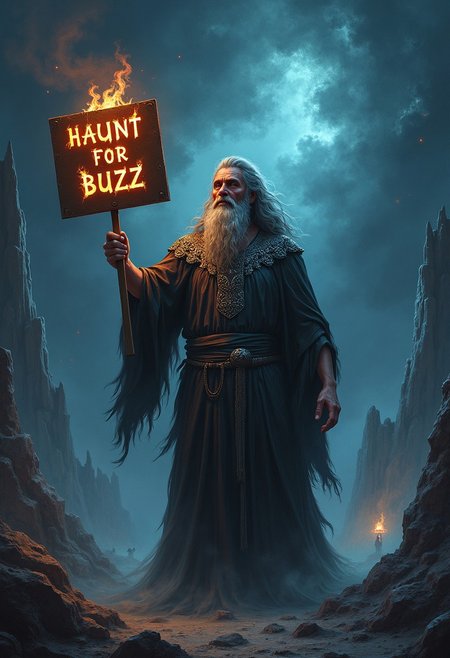 The scene depicts Hades, the Greek god of the underworld, standing in a shadowy, ethereal realm. He is dressed in dark, flowing robes adorned with intricate silver patterns that glimmer ominously in the dim light. His expression is a mix of mischief and curiosity, with a slight smirk playing on his lips as he gazes at the viewer.
In one hand, he holds a sign that reads "WILL HAUNT FOR BUZZ” in a bold, stylized font, surrounded by eerie, flickering flames. The background features a landscape of jagged rocks and swirling mist, punctuated by glimpses of lost souls wandering aimlessly. Ghostly figures float around him, looking both intrigued and bewildered by Hades' unusual request.
Above him, the sky is a swirling mass of deep blues and purples, dotted with stars that twinkle like distant spirits. The overall atmosphere combines a dark humor with the fantastical, inviting viewers to imagine the underworld's ruler seeking a thrilling experience, contrasting his typical domain of death and despair with a lighthearted plea for excitement.