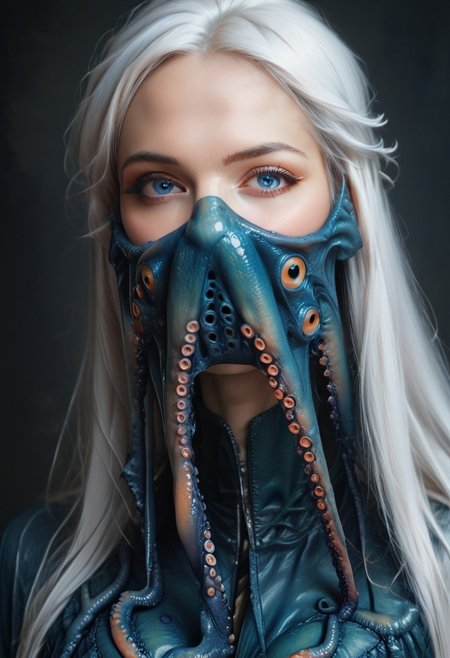 score_9, score_8_up, score_7_up, rating_safe, concept art, semi-realistic, 1girl, solo.
Young beautiful face, fit body, 
Long white hair, Blue eyes. 
(Big breast:1.2), (Round breast:1.2).
OctopusMask, Tentacle Face mask. (Long tentacles:1.5)
