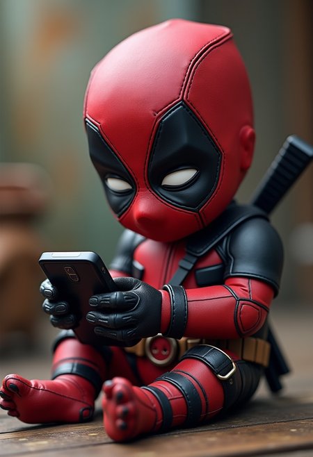 A baby deadpool, playing on his cellphone