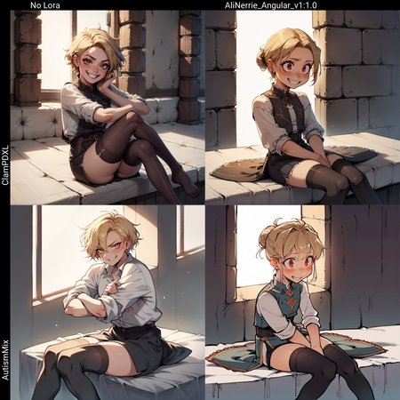 1girl, dark blonde hair behind ear, blush, evil, wide smile, sleeves rolled up, thighhighs, high tops, sitting, rating_safe