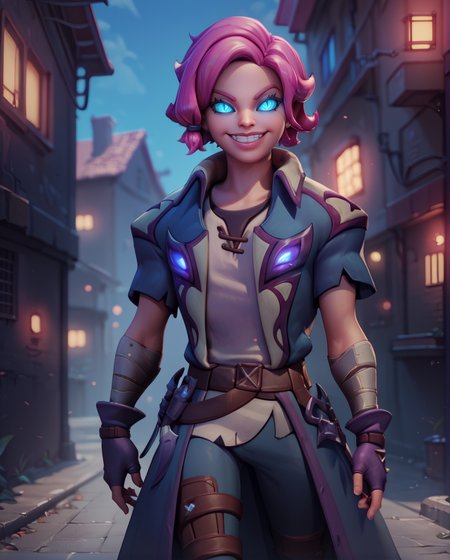 score_9,score_8_up,score_7_up,
maeve,solo.short pink hair with a hair knot,blue slit pupils,blue eyes, glowing eyes, 
belt,fingerless gloves,shirt,coat,short sleeves,smile, grin, 
rooftop,fantasy,
nigh,outside,alley, in the shadows, 
<lora:maeve:0.8>,