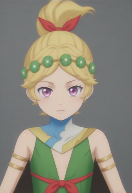 source_anime, anime screencap, source_anime, auratheguillotine, anime screencap, masterpiece, source_anime, shiny skin,,,,,, <lora:zs_DemeterXL:1> demetersmt, blonde hair, ponytail, head wreath, purple eyes, green dress, cleavage, cape, armlet, bracelet,