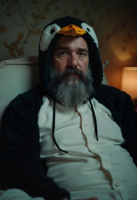 Casual raw photo of a bearded brute sitting on his bed wearing a kigurumi penguin costume with a hood and, comforting but dark mood, grey stubble, pale skin, manly broken nose, skin flaws, unkept, unpolished, masculine male