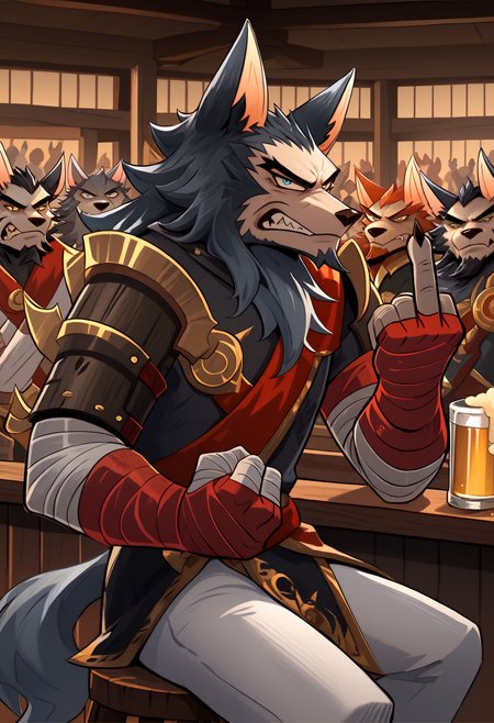 score_9, score_8_up, score_7_up, 8k, detailed design, detailed background, detailed characters, masterpiece, anthro only, furry only, people, crowd, busy,  <lora:Tydus-000001>, tidus (afk),1boy, animal ears, furry male,  armor, white pants, facial hair, shoulder armor, grey fur, animal ears, blue eyes, fang, red leg bandages, red arm bandages, spiked pauldrons, skirt, wolf boy, claws, gloves,  sitting, middle finger, very angry, intimidating, yelling,   looking at viewer, smirking, unique angle,  from side,  inside, wooden bar, beer,