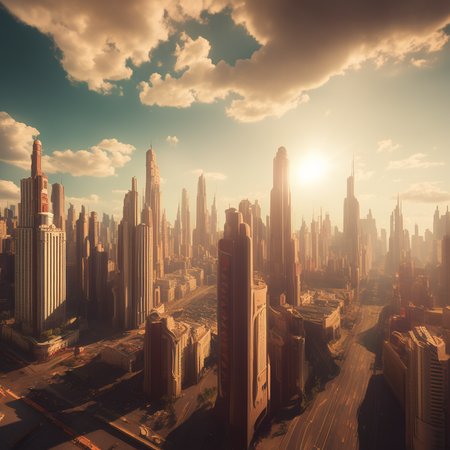 city skyline, skyscrapers, god rays, volumetric lighting, 10mm, retrofutur5-400, perfect composition, depth of field, sharp focus, centered, sunny day