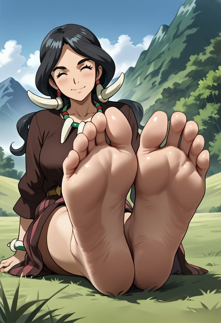 score_9, score_8_up, score_7_up, score_6_up, score_5_up, score_4_up, Drasna, closed eyes, long black hair, tribal horns, mature female, tooth_necklace, tooth_bracelet, yellow belt, vertical-striped skirt, brown shirt, long sleeves, thick eyebrows, barefoot, curvy, motherly,
looking back at viewer, gentle smile, blushing,closed mouth,
sitting on grass, mountain scenery, overcast sky, wariza, w sitting, curvy, outdoors,
 (2soles, foot focus:1.3), foreshortening, sole pov, high arched foot,
staring at viewer, elegant pose, detailed sole,  high-arched foot, wrinkled sole, (perfect feet:1.2), legs up, (face on view, front view), zPDXL3, detailed, (4 toes on both feet)