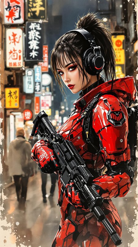 Expressive Watercolor Ink Wash, Inkplash art on rice paper, sepia, henna , masterpiece,  stunning Japanese woman wearing red and black sci-fi power armour, headphones, dark eyeshadow, holding assault rifle on cyberpunk street at night, neon signs and advertising, bokeh, side lighting