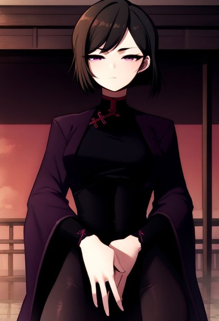 (score_9, score_8_up:1.1), score_7_up, 
masterpiece, source anime,
Background dojo,wood dojo,good lighting,
from front,looking at the viewer,
blushed,
hands hidden, arms behind the back,arms back,
1girl,solo.
(perfect face:1.4),beautiful face, 
(perfect hands:1.4),beautiful hands,
(perfect body:1.4),
(perfect eyes:1.4),
soft body,
<lora:perky-breasts-ponyxl-lora-nochekaiser:1>, perky breasts,
<lora:BaekSeol-linponyxl:1>,
short hair, black hair, swept bangs, brown hair, purple eyes, bob cut, red eyes,
chinese clothes, long sleeves, purple jacket, black china dress, wide sleeves