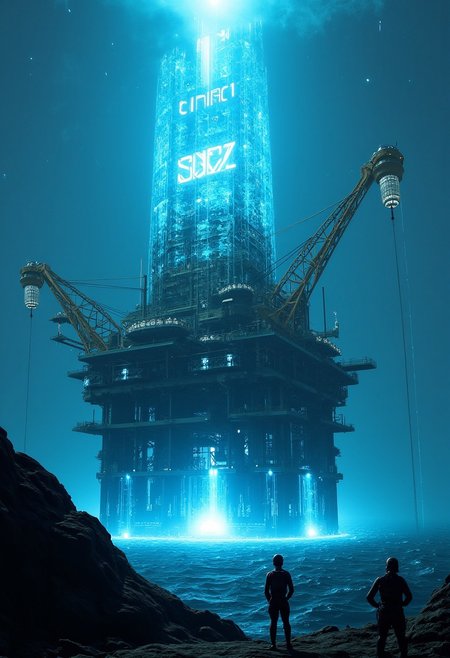 "In the heart of a vast, futuristic oil rig, towering above a churning ocean, stands a massive, high-tech fuel depot that glows with an otherworldly energy. The rig, a marvel of advanced engineering, is composed of sleek metal and transparent panels that reveal the glowing blue liquid being processed within. Giant mechanical arms extend from the rig, harvesting luminous orbs of 'Buzz' from deep within the ocean’s mysterious depths. These orbs are then funneled through translucent pipelines into a central reactor that pulses with immense power.
Above the rig, suspended in the sky, a holographic display lights up the clouds, casting the word "Fuel the Fire with Buzz!" in bold, electrifying letters. The sky is alive with streaks of lightning and auroras, reflecting the sheer energy being generated. Workers, clad in advanced exosuits, oversee the process, their silhouettes highlighted against the brilliant glow of the rig’s operations. The scene is a blend of industrial might and futuristic wonder, where the collection and harnessing of Buzz fuel the very heart of this powerful, energy-producing machine."