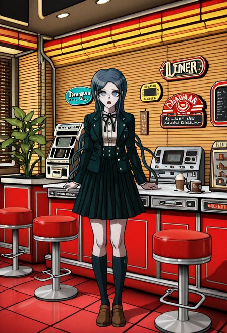 masterpiece, best quality, absurdres, <lora:Tsumugi_Shirogane_Illustrious:0.2>, <lora:Danganronpa_Locations:1>,  danganronpa sprite style, danganronpa_sprite_style , danganronpa_(series),Tsumugi Shirogane,danganronpa_(series), danganronpa_v3:_killing_harmony, shirogane_tsumugi, 1girl,blue_hair, blue_eyes, dark_blue_hair, black_jacket, black_skirt, black_socks, brown_shoes, full_body, glasses, jacket, long_sleeves, open_clothes, open_jacket, shirt, shoes, skirt, socks, solo, white_shirt, retro_diner,1950s_style,checkered_floor,red_booths,jukebox,diner_interior,vintage_decor,neon_sign,ice_cream_sign,old-fashioned_tv,stools,countertop,coffee_maker,coffee_cups,menu_boards,wall_decorations,green_plants,window_blinds,cash_register,vintage_appliances,retro_lighting,desert_view,nostalgic_theme,american_diner,danganronpa,danganronpa_(series),danganronpa_2:_goodbye_despair,danganronpa 2,danganronpa sprite style,danganronpa_sprite_style