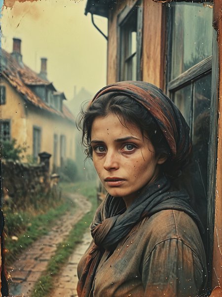 35mm Vintage photo of old House in the european village, misty dusk and fog, faded film, film grain, (exterior:1.1) a close up portrait of middle aged woman, stunning beauty in old ragged torn ripped cotton skirt and headscarf , ground, dirt, black rubber boots, scenery details variety, sad open eyes ,  <lora:Vintage_Street_Photo:0.8>