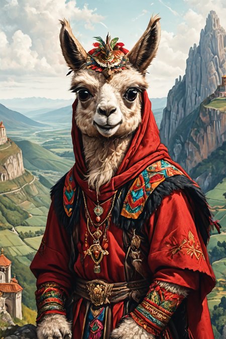 Detailed digital portrait of an anthro Llama at a Clifftop monastery overlooking vast landscapes, <lora:xl_more_art-full_v1:0.5>,  <lora:The_Crazy_Style:0.7> <lora:anthro_muscular:0.7>