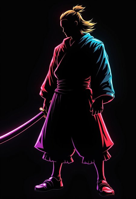 anime-style silhouetted outline against a dark background, a ronin samurai warrior, rainbow-coloured, holding samurai sword
