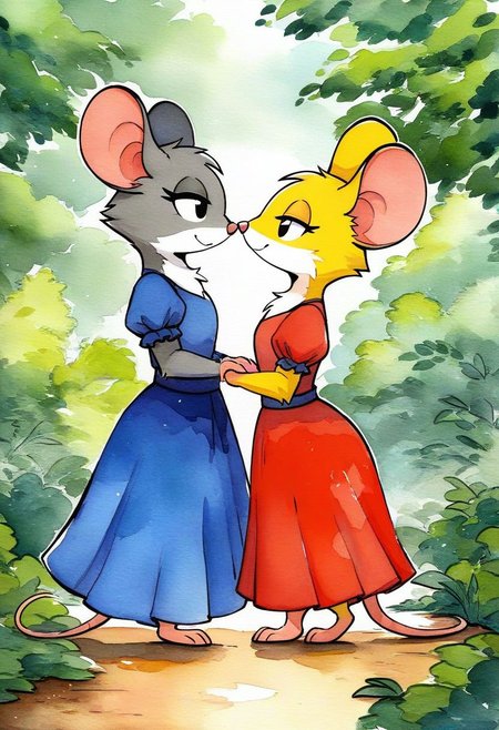 score_9, score_8_up, score_7_up, score_6_up, score_5_up, score_4_up, two mouse women walking together, (mouse), dress, (dense vegetation), (forest), furry, source_furry, (source_cartoon), female, feminine, detailed background, full body shot, (feral:1.6), drawing, grey fur, yellow fur, watercolor, side view, romantic, (bedroom eyes)