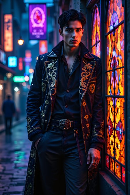 Against the backdrop of a neon-lit medieval city, a rogue with sharp, angular features and a wicked smirk leans casually against an alchemically-infused stained-glass wall, watching the night unfold. His coat, a masterpiece of deep sapphire and embroidered gold, shimmers under the arcane lanterns, its high collar casting shadows over his sharp cheekbones. Beneath, a loose black silk shirt billows slightly in the night breeze, tucked into tailored, buckled leather trousers that hug his lean frame. His hands, adorned with rings that glint like stolen stars, toy with the edge of a finely wrought dagger, its curved blade reflecting the colorful city lights. His raven-black hair is tousled just enough to look artfully disheveled, a single silver streak framing his piercing jade-green eyes. Above him, banners ripple in the wind, each emblazoned with the sigils of noble houses, oblivious to the man who has likely just emptied their treasuries. The scent of night-blooming flowers and burning incense fills the air, mixing with the distant murmur of drunken revelry. With a slow, deliberate step, he pushes off the wall, vanishing into the maze of shadowy streets, a ghost in velvet and gold. , detailed background  Fantastic lighting. Detailed shadows.intricate details, vivid colors, hyper-detailed, ultra-sharp, , <lora:OBInstant camera portrait photography V2.0:0.4>, <lora:Dark side of light:0.55>, <lora:aidmaFLUXPro1.1-FLUX-v0.3:0.4>, <lora:Glitchcore_Flux:0.7><lora:Real_Aesthetic_Spectrum:0.4>