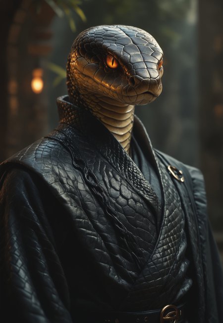 PonyXLV6_Scores, SN3K, snake, lizard, snake, 1boy, male focus, snakeskin, black leather robes, glowing, orange eyes, glowing eyes, scales, animal, slit pupils, oversized animal, animal focus, year of the snake