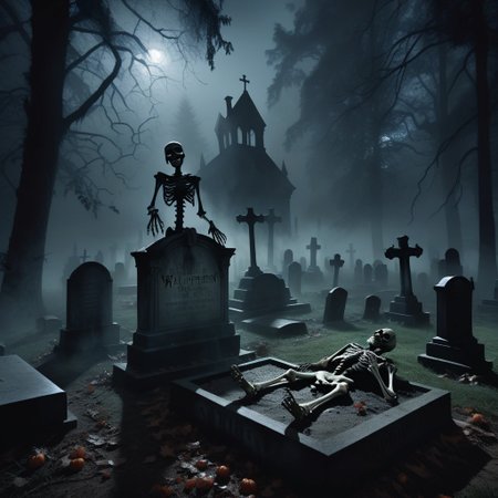 A spooky Halloween scene set in a dark forest, featuring a foggy cemetery at night. Surrounding an open grave, eerie vampire figures dance in an unsettling manner. In the grave itself, a grinning skeleton sits, creating a chilling and macabre atmosphere filled with shadows and mist    The atmosphere is dark and sinister, with shadows looming, creating a spine-chilling ambiance