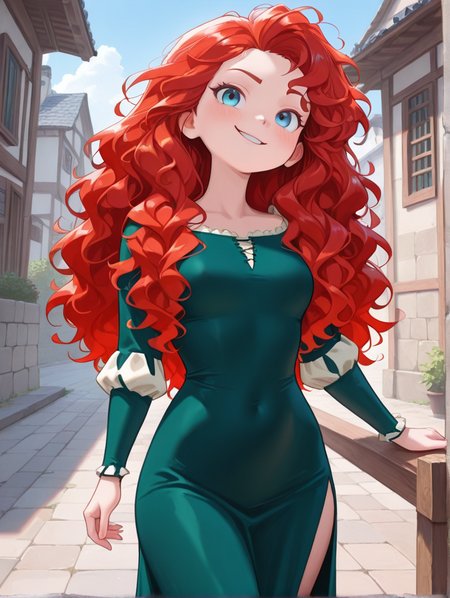 masterpiece, best quality, amazing quality, very aesthetic, absurdres,  newest, detailed background, outdoors, dynamic angle, cowboy shot, 4k,8k
meridaxd, 1girl, solo, long hair, red hair, blue eyes, smile, smirk, green dress, curly hair, 
 <lora:Merida_-_Disney_Illustrious:1>