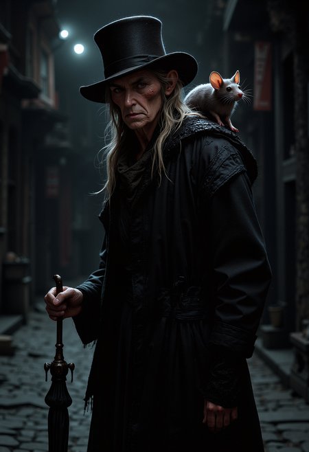 An elderly woman wearing a long, tattered black coat and an old-fashioned top hat. She holds a black, slightly broken umbrella in one hand, while a small gray rat sits perched on her right shoulder, its tail curling down her back. The woman's face is wrinkled and mischievous, with narrow eyes and a sharp nose. Her posture is slightly hunched, and her hands are thin and bony. The setting is a dark, narrow alleyway at night, with dim streetlights casting long shadows. The atmosphere is eerie and mysterious, with a hint of mischievousness in the air.   <lora:FluxMythP0rtr4itStyle:0.8> MythP0rt, <lora:aidmaImageUpgrader-FLUX-V0.1:0.33> detailmaximizer,