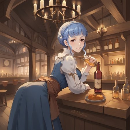 score_9, score_8_up, score_7_up, score_6_up, score_5_up, score_4_up, zPDXL2,source_anime,rating_questionable, 1girl, solo,  night, night time,looking at viewer, bartender, behind bar, alcohol bottles, leaning forward, smile, half-lidded eyes, medieval dress, Marianne Fire Emblem    , smile, <lora:Tavern:0.7> t4v3rn, indoors, tables, window, chandelier, candles, food, crowd