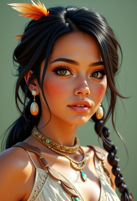 She is approximately 18 years old. Hyperrealism, she is looking at the camera, (dynamic angles), profile headshots of a beautiful, stunning unique female character.  she has dark hair. her eyes are filled with joy and excitement, extravagant eyelashes. a photo of Pocahont@s,she has a feather in her hair, she is wearing a white frilly shirt, and a necklace and earings, jewelry. The woman is posing confidently. simple sage green colored background. She has a slight smile on her face and is looking directly at the camera. making this image a masterpiece of photography and digital art. realistic. making this image a masterpiece of photography and digital art. Style: realistic hyper-detailed rendering, 32k UHD, expressive eyes, punk, graphic design, girl's face, pretty and cute, gleaming lips, telling a tale of adventure. Exuding confidence and serenity. The overall mood of the image is happy and relaxed,detailed skin texture,(blush:0.2),(goosebumps:0.3),subsurface scattering,whimsical,Detailed hand, Perfect hand. Perfection style.