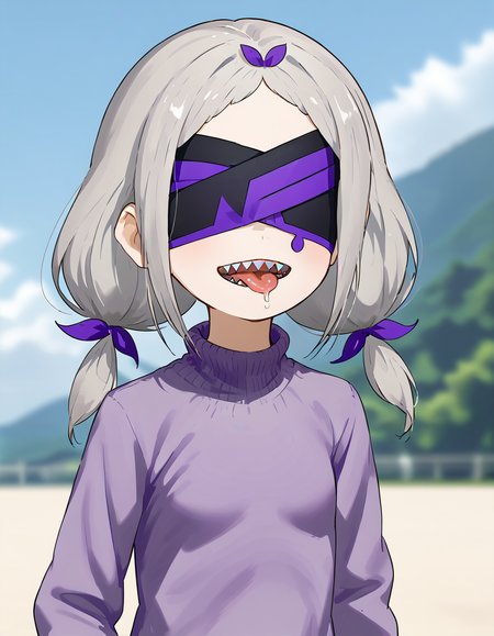 <lora:Daphne_ReZero_V2:1>, grey hair, daphne, blindfold, twintails, face, tongue out, sharp teeth, purple jumper, blue sky background, blurry background, female focus