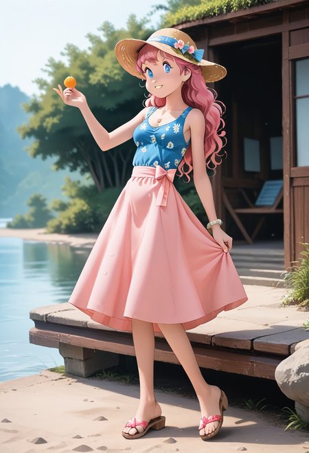 score_9_up, score_8_up, score_7_up, score_6_up, masterpiece, best quality, high quality, newest, highres, cote_style, 1girl, pink hair, long hair, blue eyes, medium breasts, summer dress, sandals, hat, outdoor, river