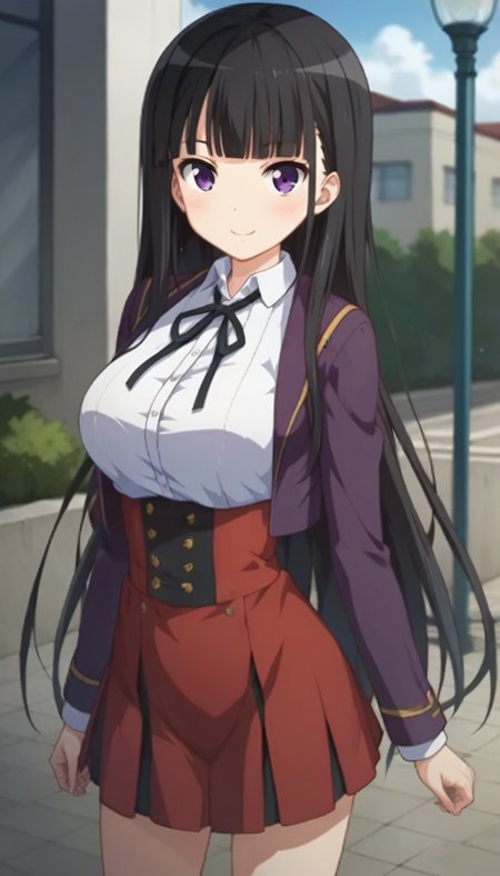 score_9,score_8_up,score_7_up,score_6_up BREAK official art,solo,outdoors,cowboy shot,looking at viewer,facing viewer,smile,blush,(petite:2),Kotoko Miura,very long hair,black hair,hime cut,blunt bangs,purple eyes,school uniform,purple jacket,white shirt,collared shirt,neck ribbon,black ribbon,large breasts,underbust,long sleeves,shirt tucked in,red skirt,high-waist skirt,black socks,uwabaki,white footwear,<lora:Kotoko Miura(jk ohaborssg)-Pony:1.4>,