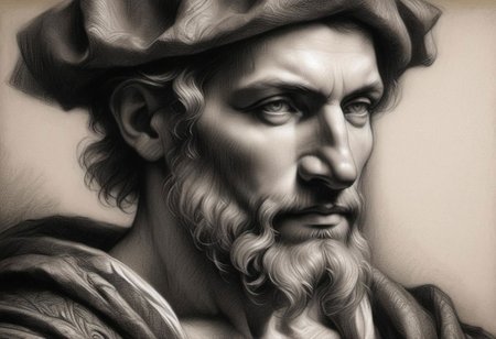 (masterpiece), 
Black and white Renaissance drawing of a mid-age man, short beard,
Black and white tones,
HDR, highly detailed, 32k, 
looking at viewer, Style-Renaissance