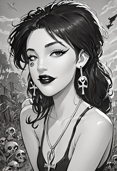 score_9, score_8_up,source_photo,hyper-realistic,perfect lighting,realistic lighting,high quality, Comet Gurl
Break
dsk_death, 1girl, earrings, jewelry, necklace, ankh necklace, monochrome, traditional media, sketch, black lips, cross earrings, long hair, lipstick, makeup, skull, looking at viewer, comic art style, death_of_the_endless\(sandman\), greyscale, monochrome, cinematic angle, cinematic lighting, BREAK zPDXL2 PonyXLV6_Scores