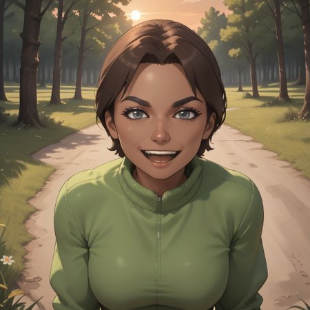 score_9, score_8, BREAK, solo, wii, mii, wii sports, brown hair, black eyebrows, gray eyes, open mouth, light green clothing, white pants, shoes, nintendo mii, modern_mii, classic_mii, breasts, Hayley_(Wii_Sports), dark skin, sexy pose, smile, outdoors, sunlight, shadows, evening lighting, natural lighting, forest, trees, grass, orange sky, sunset